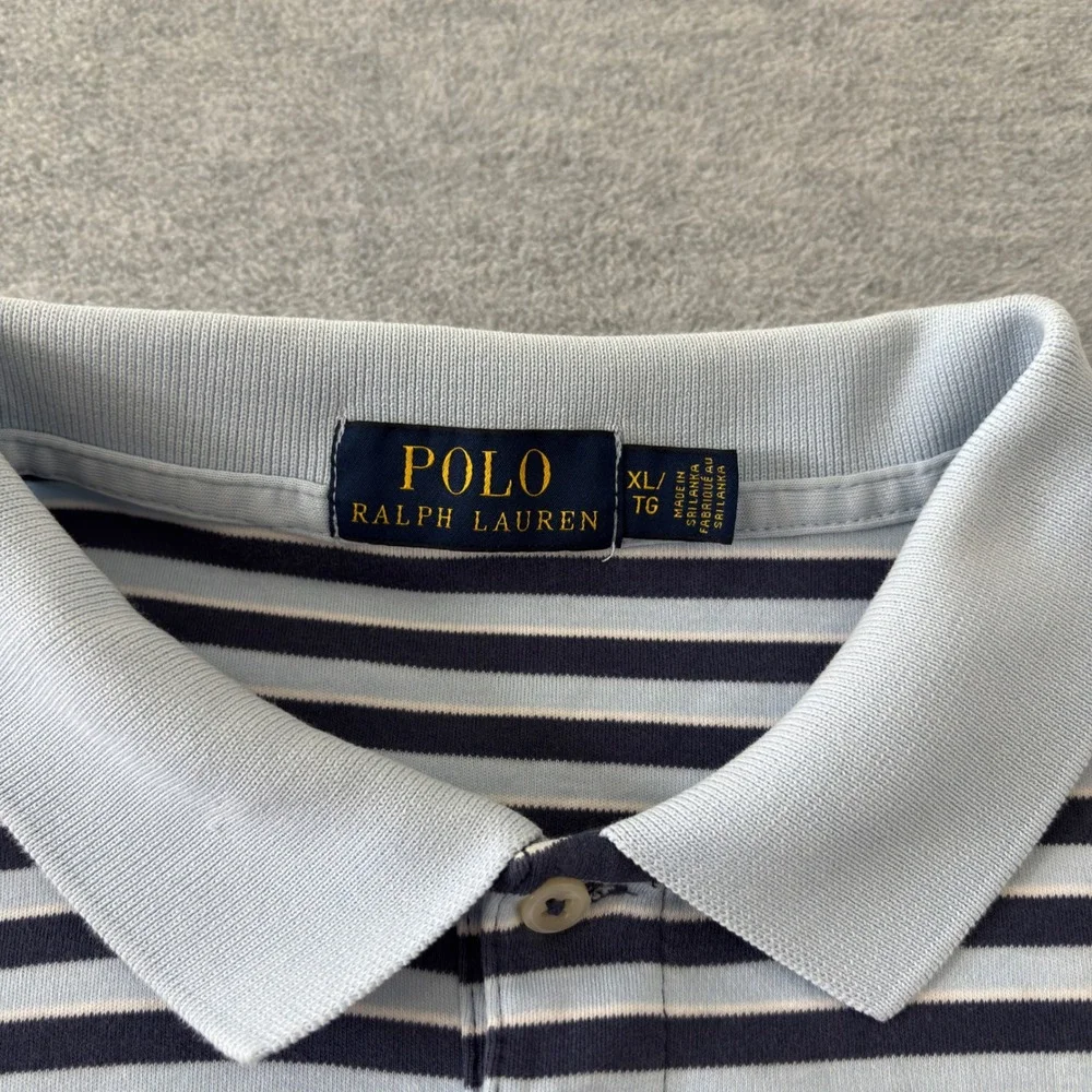 Polo Ralph Lauren Mens XL Striped Short Sleeve Polo Shirt Navy Light Blue Cotton